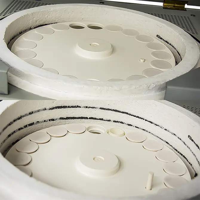Dual carousel with 20 crucible positions, with crucibles uncovered for moisture or ash determination and with covers placed for volatile matter determination.