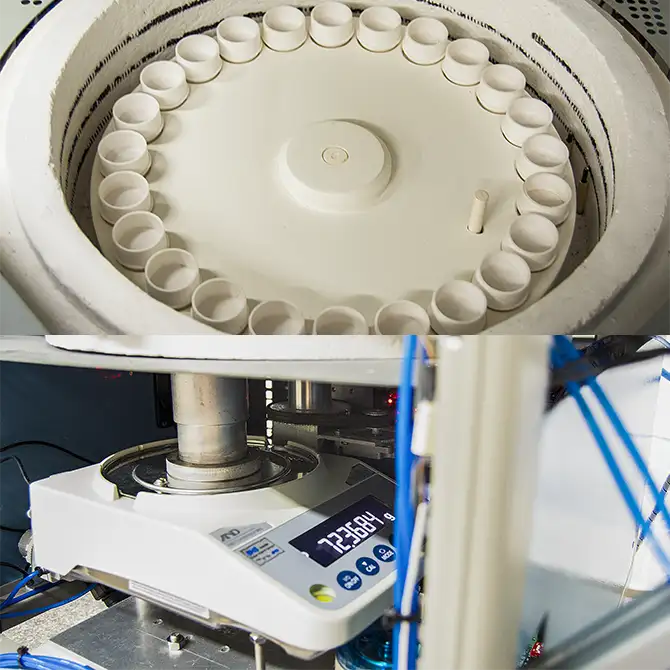 Furnace with dual carousel, 48 sample positions, and an integrated balance located below the furnace for precise, high-capacity analysis.